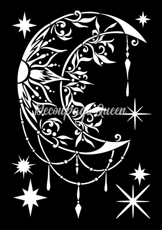 Decoupage Queen, Laser Cut Stencil, Dainty and the Queen, Moon, Stars, Celestial, Reusable, 2025 Spring Release, A4, 8.27 x 11.69 inches