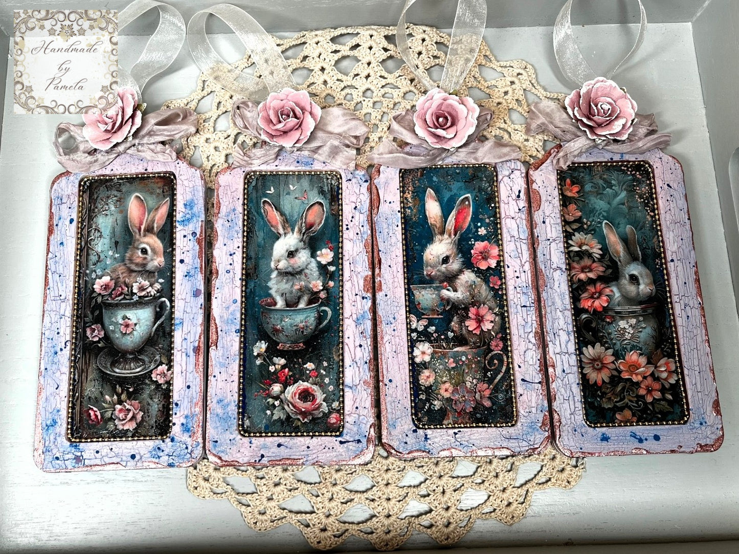 Handcrafted, Shabby, Chic Mixed Media, Set of 4, Easter Gift tags, Laser Cut Framed MDF, Easter Bunnies, Decoupage