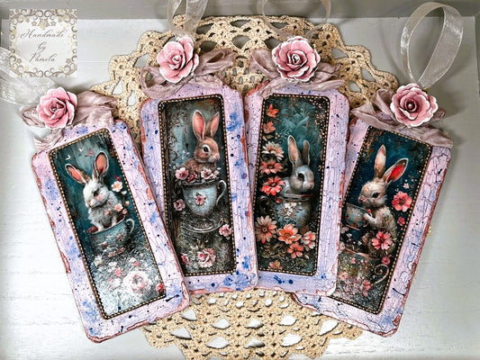 Handcrafted, Shabby, Chic Mixed Media, Set of 4, Easter Gift tags, Laser Cut Framed MDF, Easter Bunnies, Decoupage