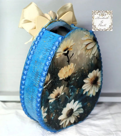 Handcrafted by Pamela, Decoupage, Mixed Media, Laser Cut MDF, Blue Easter Egg Box with Yellow Daisies Handmade by Pamela