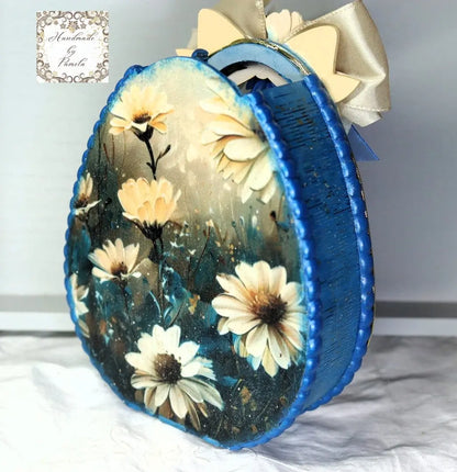 Handcrafted by Pamela, Decoupage, Mixed Media, Laser Cut MDF, Blue Easter Egg Box with Yellow Daisies Handmade by Pamela