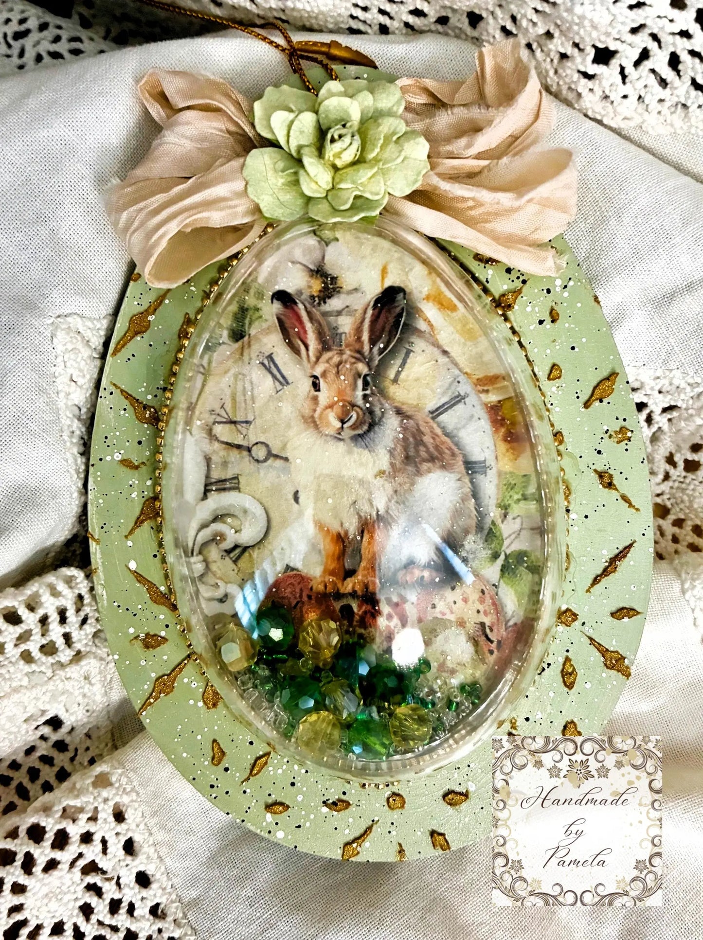 Handcrafted, Decoupage, Mixed Media, Shaker Ornament Heart, Egg and Circle Handmade by Pamela