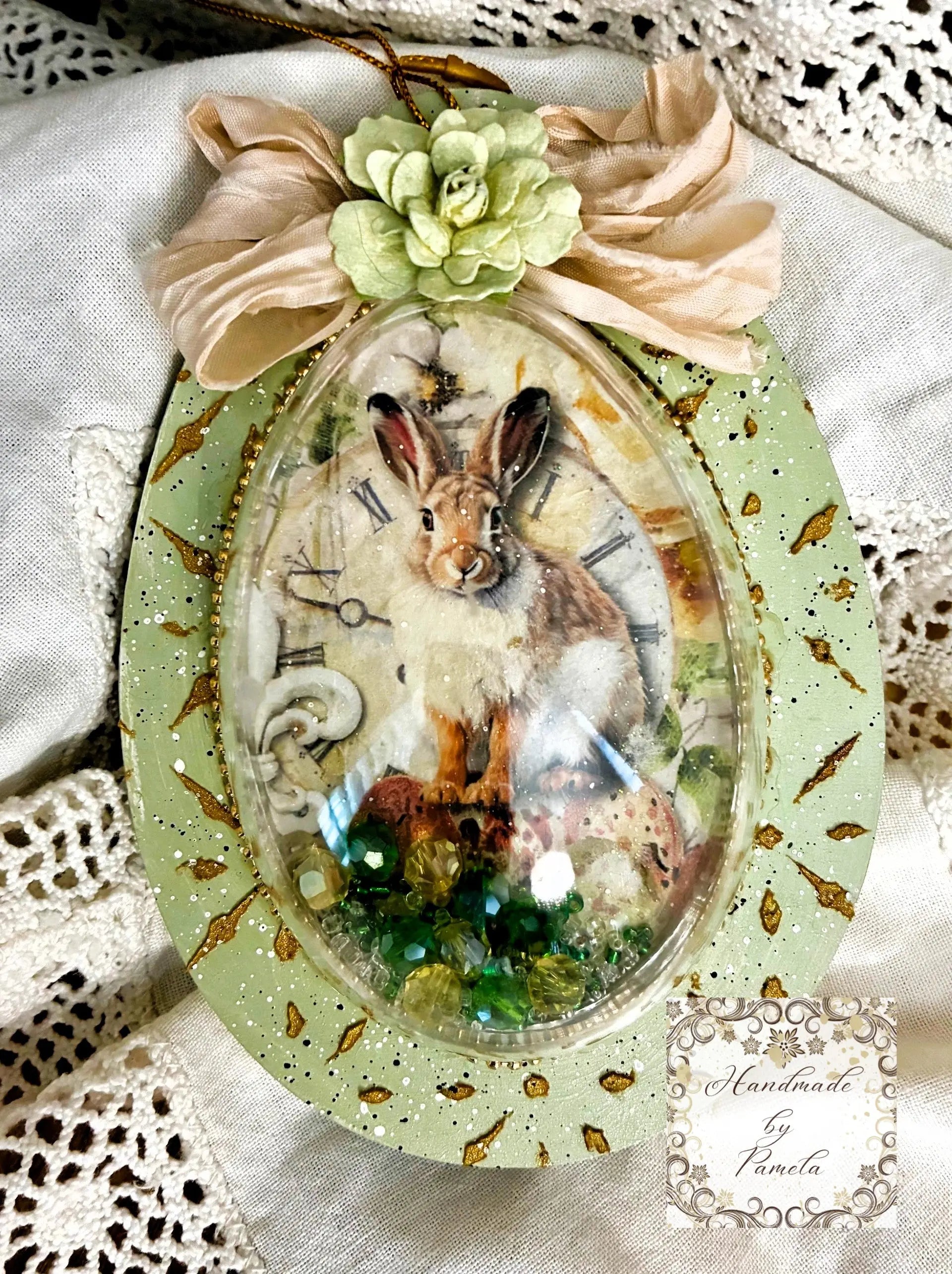 Handcrafted, Decoupage, Mixed Media, Shaker Ornament Heart, Egg and Circle Handmade by Pamela