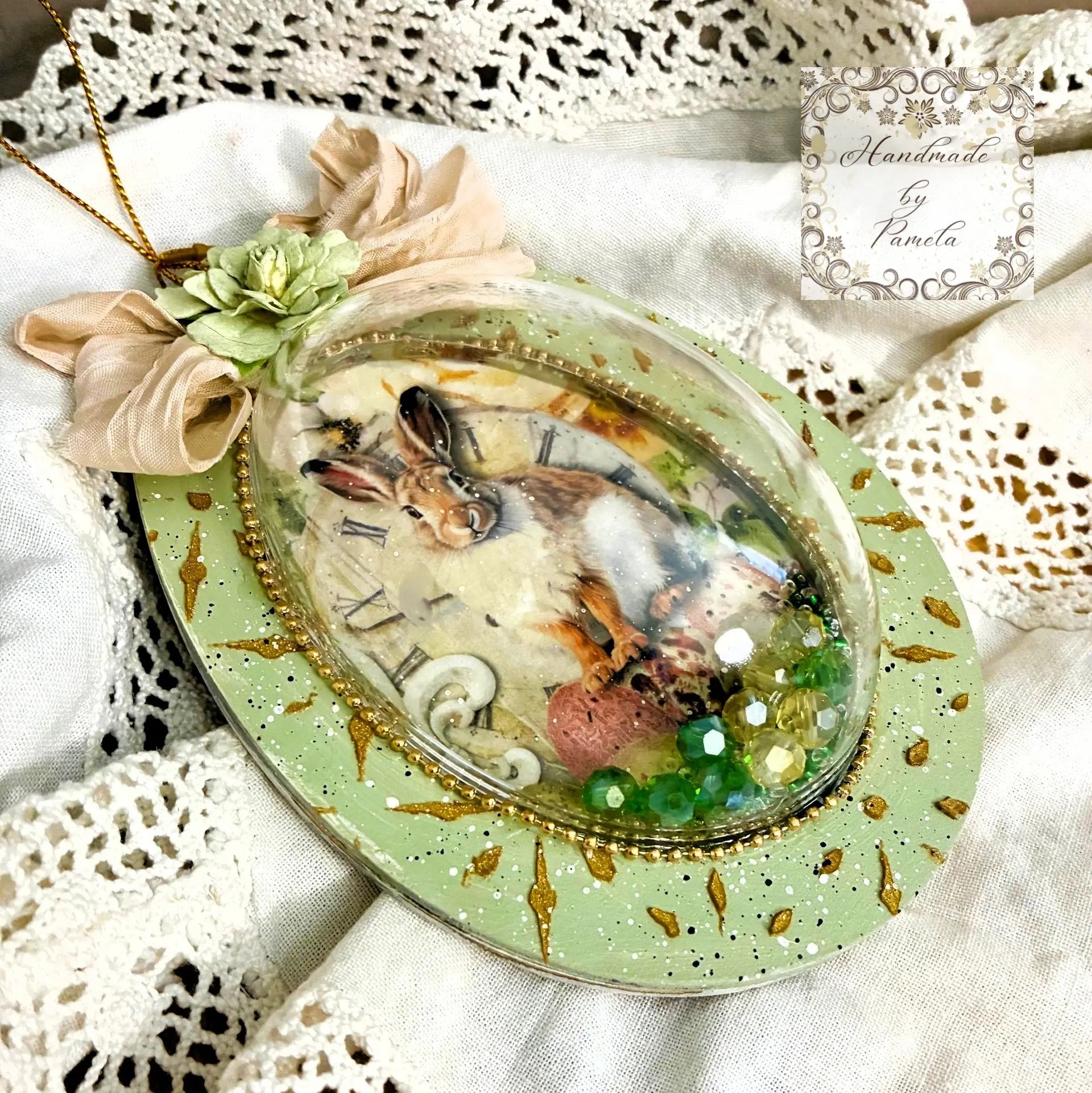 Handcrafted, Decoupage, Mixed Media, Shaker Ornament Heart, Egg and Circle Handmade by Pamela