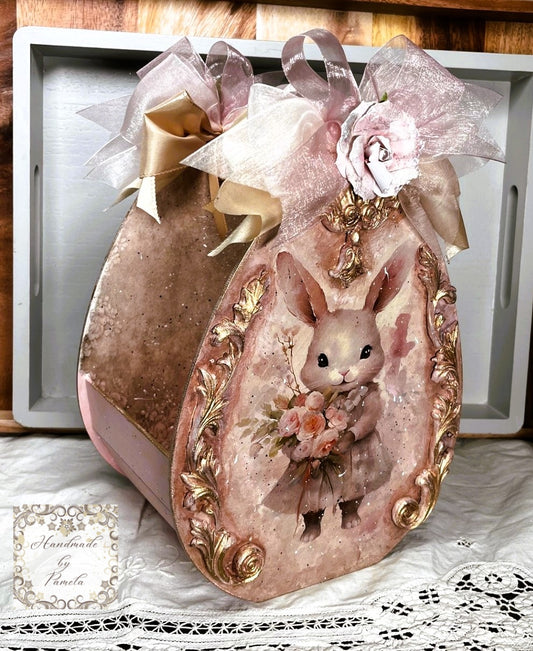 Handcrafted by Pamela, Decoupage, Mixed Media, Laser Cut MDF, Easter Egg Basket, Bunnies, Decoration, Gift, Vintage Style, Shabby Chic