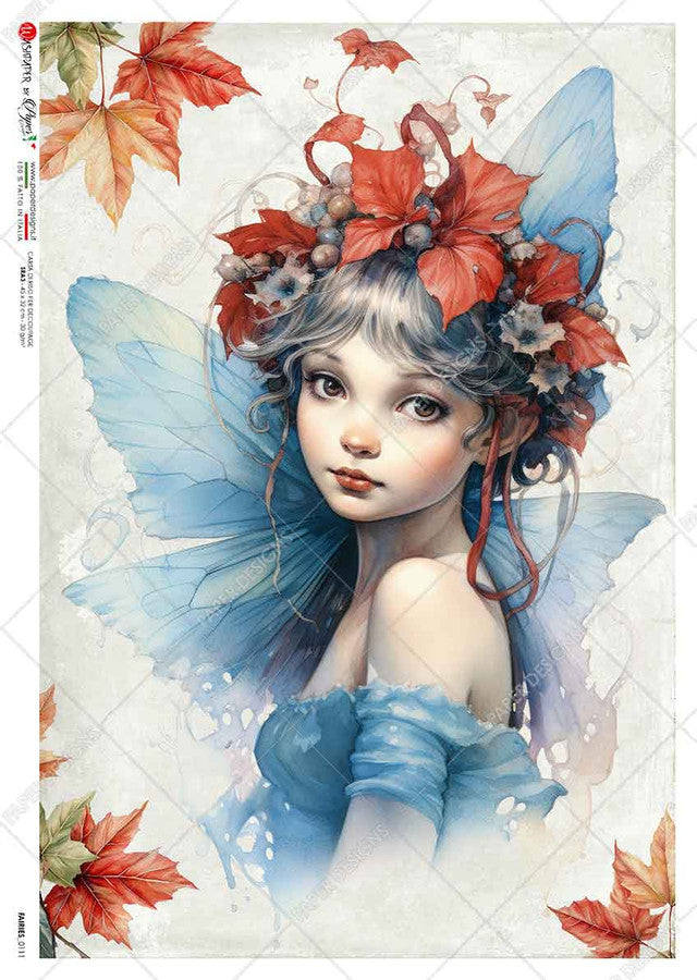 Paper Designs, Rice Paper, 2024 Release, Blue, Fairy, Autumn Leaves, Shabby Chic, Fantasy, Decoupage, Mixed  Media, 0111, A4 8.3" X 11.7"