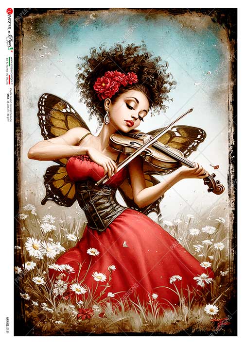 Paper Designs Rice Paper, Fairy Butterfly Playing Violin in Flower Meadow, Decoupage, Mixed Media, A4, Made in Italy