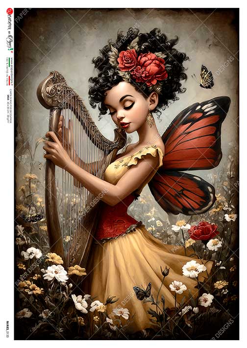 Paper Designs Rice Paper, Fairy Butterfly Playing Harp in Flower Meadow, Decoupage, Mixed Media, A4, Made in Italy