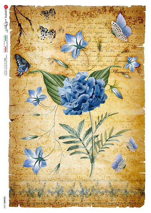 Paper Designs, Rice Paper, Flowers, Hydrangea, Butterflies, Vintage Style, 0340 A4 8.3" X 11.7", Decoupage, Mixed Media