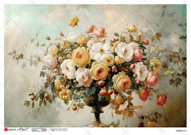 Paper Designs, Rice Paper, 2024 Release, Flowers, Vase, Roses, Shabby Chic, Vintage Style, Decoupage, Mixed  Media, 0428, A4 8.3" X 11.7"