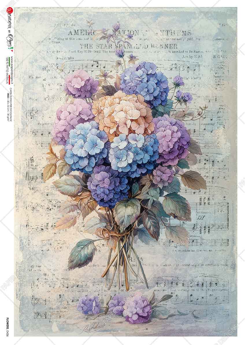 Paper Designs, Rice Paper, Flowers, Hydrangea, Music Notes, Vintage Style, 0436, A4 8.3" X 11.7", Decoupage, Mixed Media