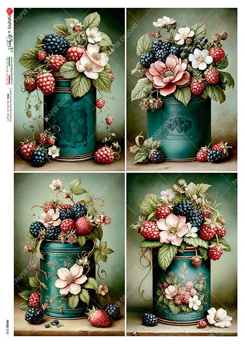 Paper Designs Italian Rice Paper, Berries and Flowers in Cans, Shabby Chic, A4, Decoupage, Scrapbooking, Mixed Media, Crafts