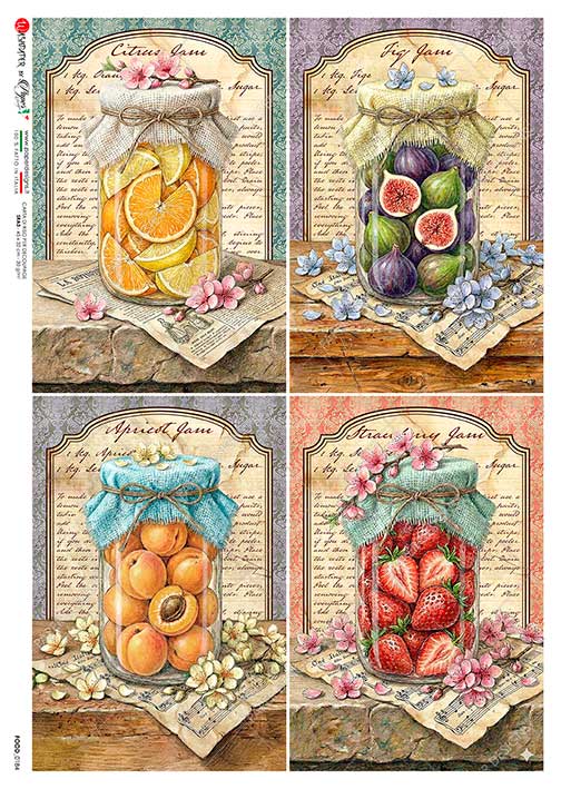 Paper Designs Italian Rice Paper, Country Style Fruit in Mason Jars, A4, Decoupage, Scrapbooking, Mixed Media, Crafts