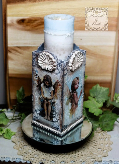 Handcrafted, Decoupage, Mixed Media, Laser Cut Pillar Candle Holder with Art by Andy Skinner, Fairies Handmade by Pamela