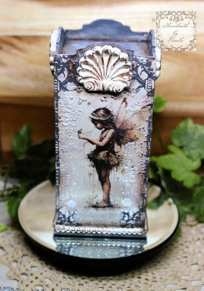Handcrafted, Decoupage, Mixed Media, Laser Cut Pillar Candle Holder with Art by Andy Skinner, Fairies Handmade by Pamela