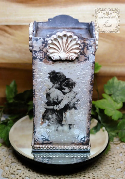 Handcrafted, Decoupage, Mixed Media, Laser Cut Pillar Candle Holder with Art by Andy Skinner, Fairies Handmade by Pamela