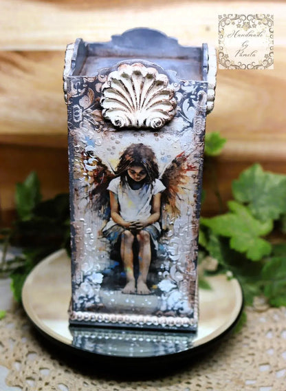 Handcrafted, Decoupage, Mixed Media, Laser Cut Pillar Candle Holder with Art by Andy Skinner, Fairies Handmade by Pamela