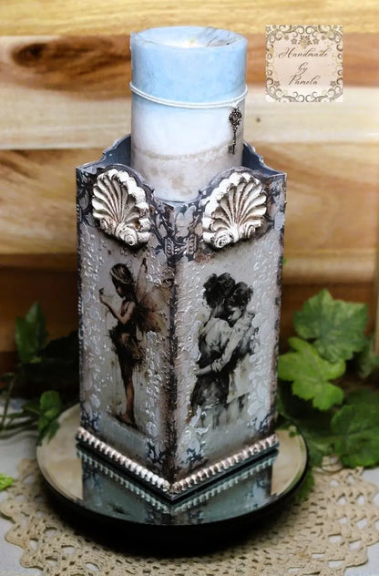 Handcrafted, Decoupage, Mixed Media, Laser Cut Pillar Candle Holder with Art by Andy Skinner, Fairies Handmade by Pamela