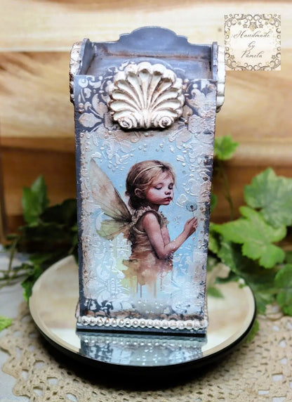 Handcrafted, Decoupage, Mixed Media, Laser Cut Pillar Candle Holder with Art by Andy Skinner, Fairies Handmade by Pamela