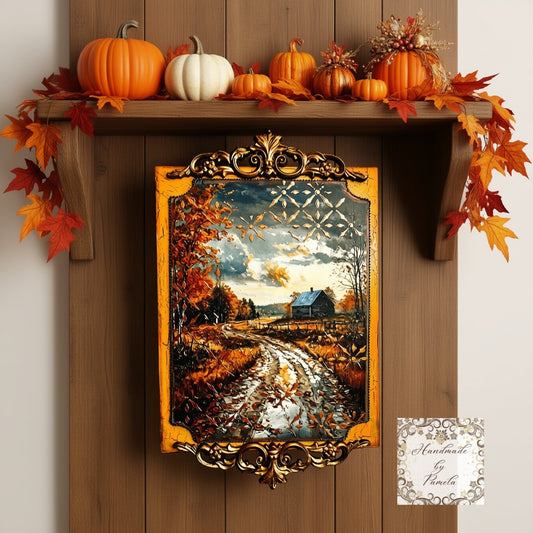 Handcrafted Vintage Style Fall Landscape Wall Art, Decoupage, Mixed Media, Home Decor by Pamela, 8 1/2"w x 14"