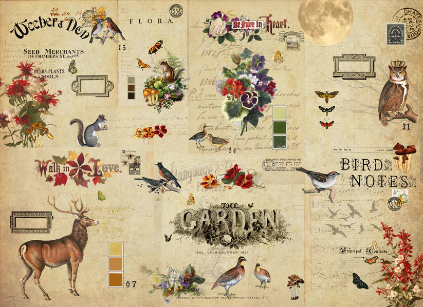 Roycycled Decoupage Tissue Paper, Fall Celebration, Animals, Ephemera Vintage Style Background, 20" x 30"