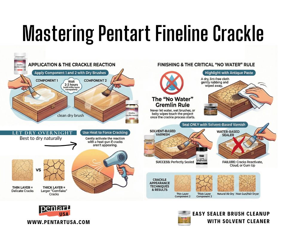 Infographic on mastering Pentart Fineline Crackle with step-by-step instructions and visual aids.