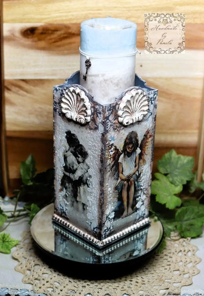 Handcrafted, Decoupage, Mixed Media, Laser Cut Pillar Candle Holder with Art by Andy Skinner, Fairies Handmade by Pamela