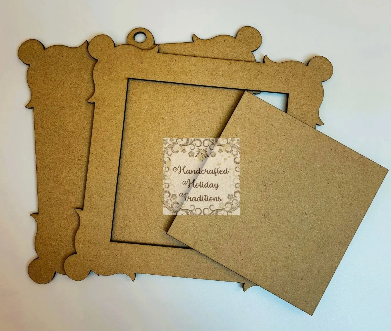 Laser Cut MDF, Vintage Style Framed Ornament, Square, Blank, Base, 3 piece, Decoupage, Mixed Media, Crafts, 6"w x 5 3/4" Handcrafted Holiday Traditions