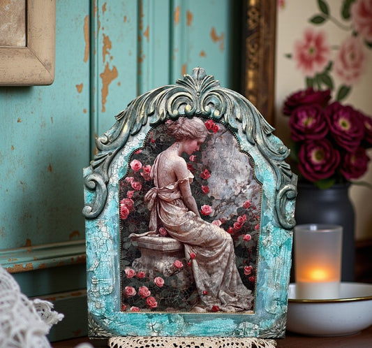 Handcrafted, Decoupage, Mixed Media, Woman, Lady, Roman Statue, Rose Garden, Plaque, Wall Art, Home Decor, Shabby Chic, Antique, Vintage