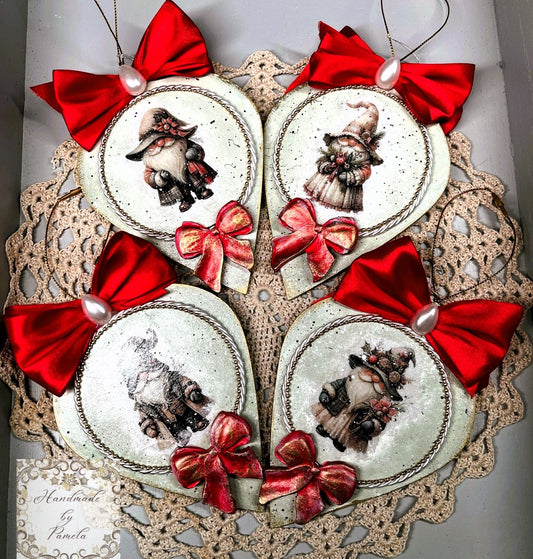 Handcrafted, Laser Cut MDF, Decoupage Reversable Gnome Christmas Ornament Set of 4
