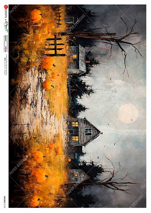 Paper Designs, Rice Paper, Halloween, Fall, Cabin, Landscape, Pumpkins, Moonlight, Decoupage, Mixed  Media, 0132, A4 8.3" X 11.7"