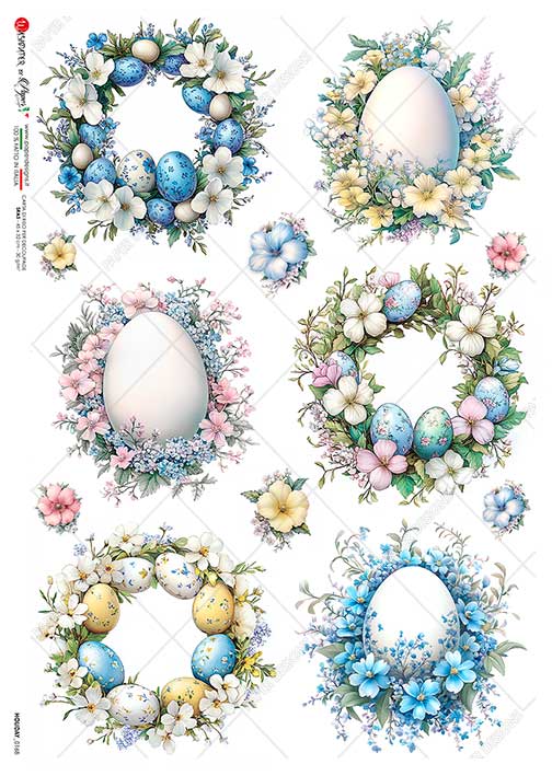 Paper Designs, Rice Paper, Easter, Eggs, Floral, Wreaths, Rounds, A4 8.3" X 11.7", Decoupage, Mixed Media, Crafts, HOLIDAY-0168