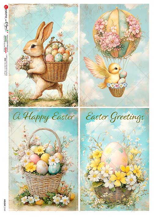 Paper Designs, Rice Paper, Easter, Bunnies, Baskets, Baskets, Eggs, Vintage Cards, A4 8.3" X 11.7", Decoupage, Mixed Media, Crafts