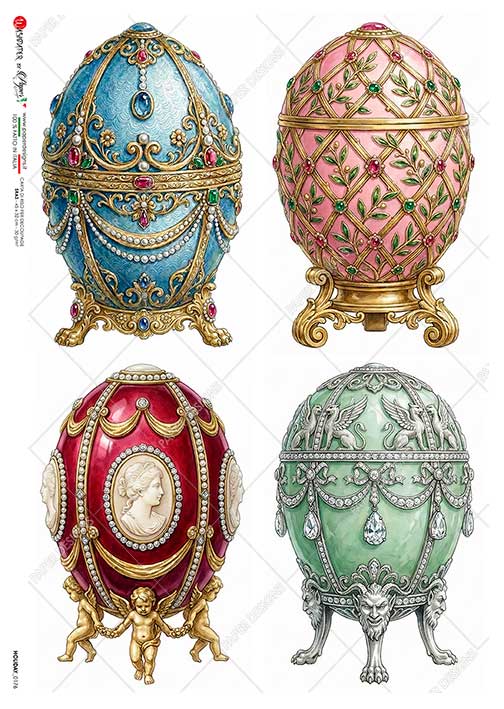 Paper Designs Italian Rice Paper, Vintage Style Faberge Ornate Eggs, A4, Decoupage, Scrapbooking, Mixed Media