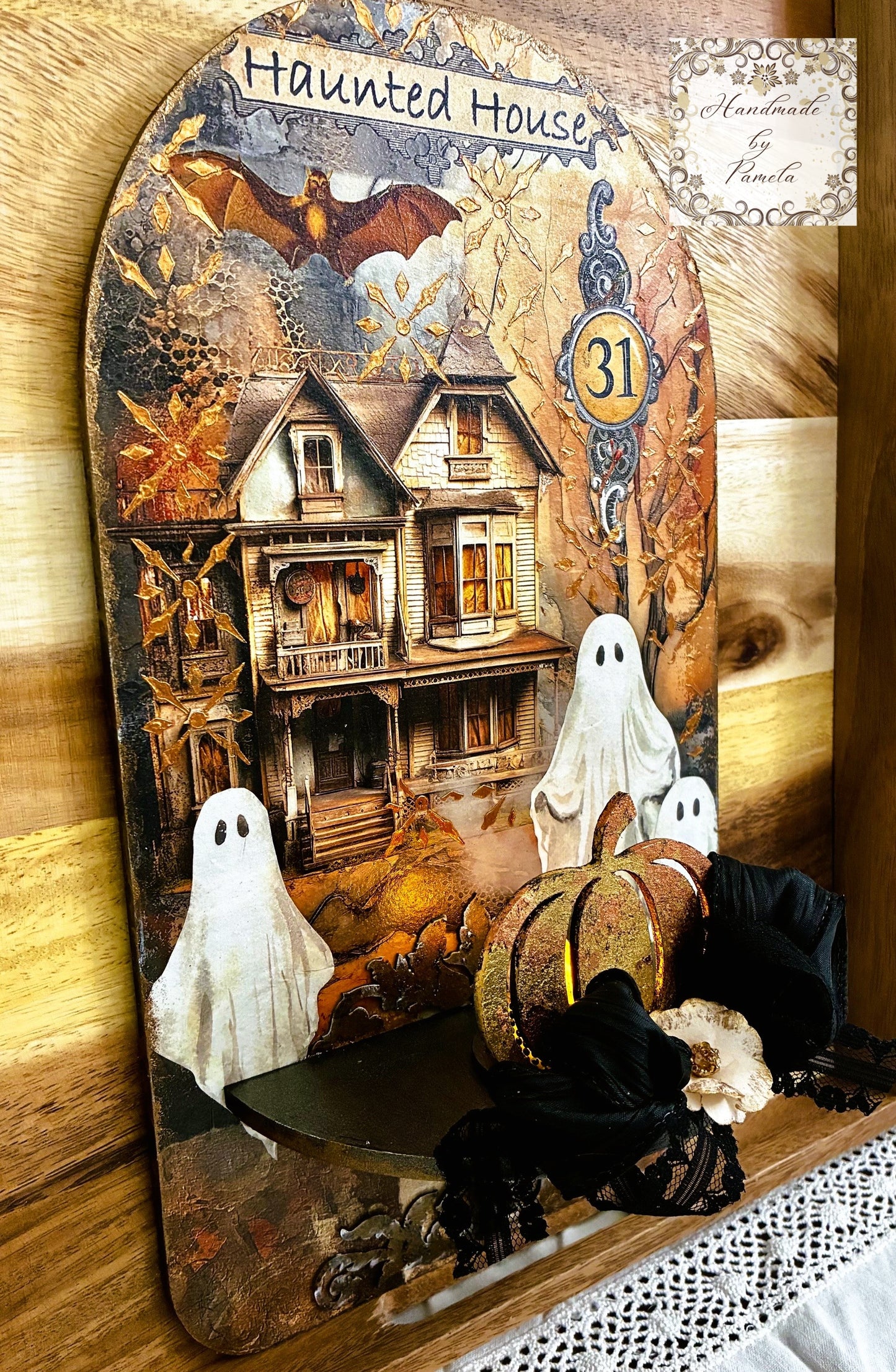 Handcrafted Halloween Wall Decor Candle Sconce Art Plaque, Decoupage, Mixed Media, Haunted House, Ghosts, Handmade by Pamela