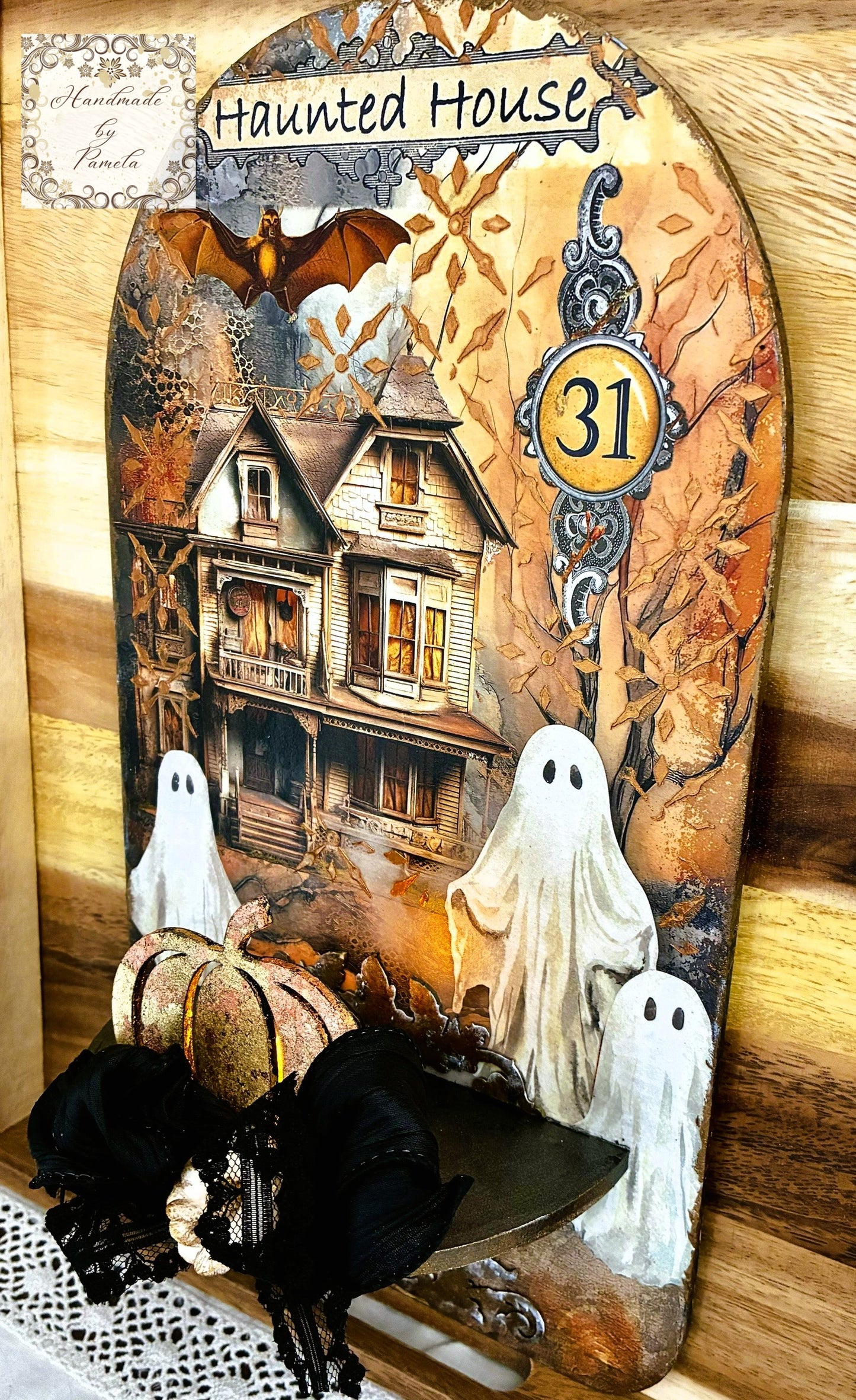 Handcrafted Halloween Wall Decor Candle Sconce Art Plaque, Decoupage, Mixed Media, Haunted House, Ghosts, Handmade by Pamela