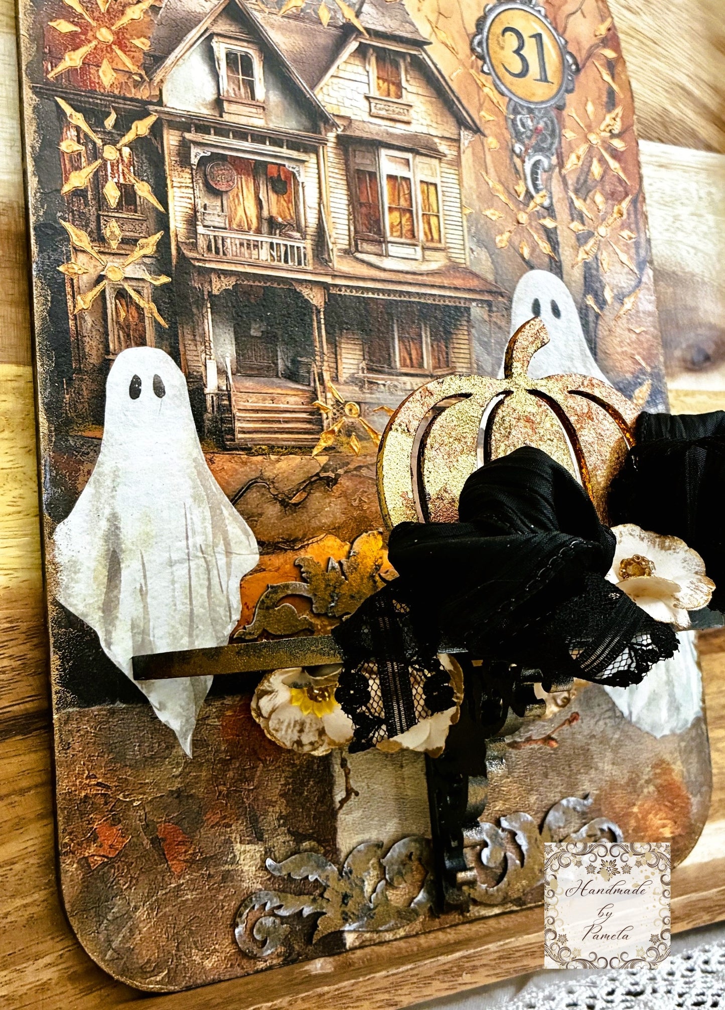 Handcrafted Halloween Wall Decor Candle Sconce Art Plaque, Decoupage, Mixed Media, Haunted House, Ghosts, Handmade by Pamela