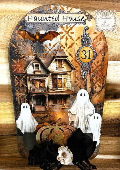 Handcrafted Halloween Wall Decor Candle Sconce Art Plaque, Decoupage, Mixed Media, Haunted House, Ghosts, Handmade by Pamela