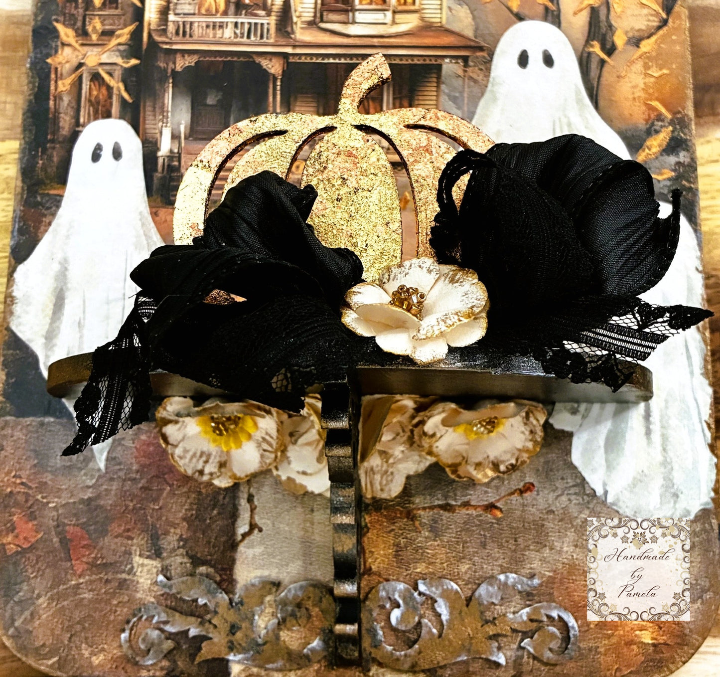 Handcrafted Halloween Wall Decor Candle Sconce Art Plaque, Decoupage, Mixed Media, Haunted House, Ghosts, Handmade by Pamela