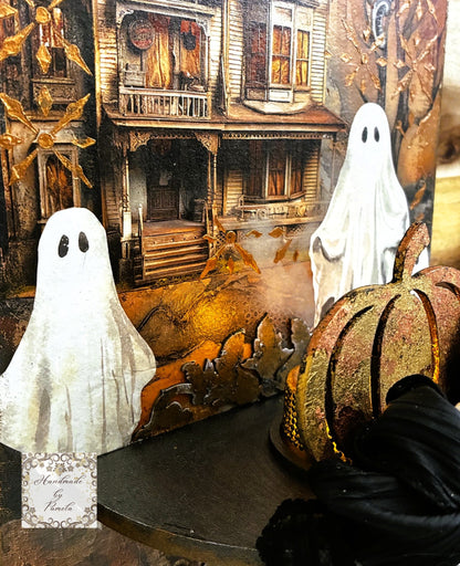 Handcrafted Halloween Wall Decor Candle Sconce Art Plaque, Decoupage, Mixed Media, Haunted House, Ghosts, Handmade by Pamela
