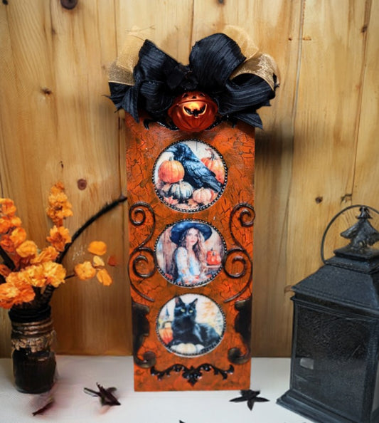 Handcrafted, Shabby Chic, Mixed Media, Decoupage, Halloween Decoration, Plaque, Fall, Witch, Black Cat, Pumpkins, Wall Art, Laser Cut MDF