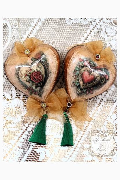 Handcrafted, Decoupage, Victorian Style, Heart Ornament Set of 2, Shabby Chic, Vintage Style, Gold Gilded, Large Bauble, Vintage Style Hearts Handmade by Pamela