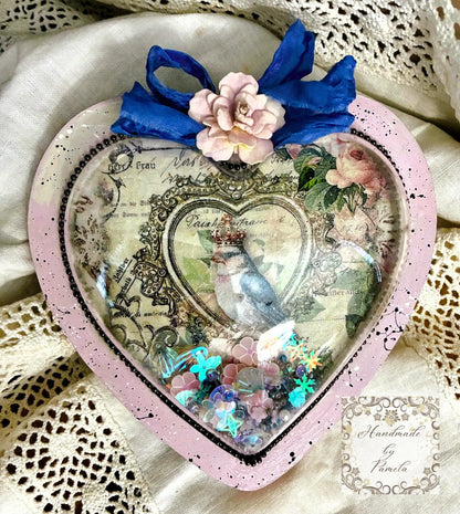 Handcrafted, Decoupage, Mixed Media, Shaker Ornament Heart, Egg and Circle Handmade by Pamela