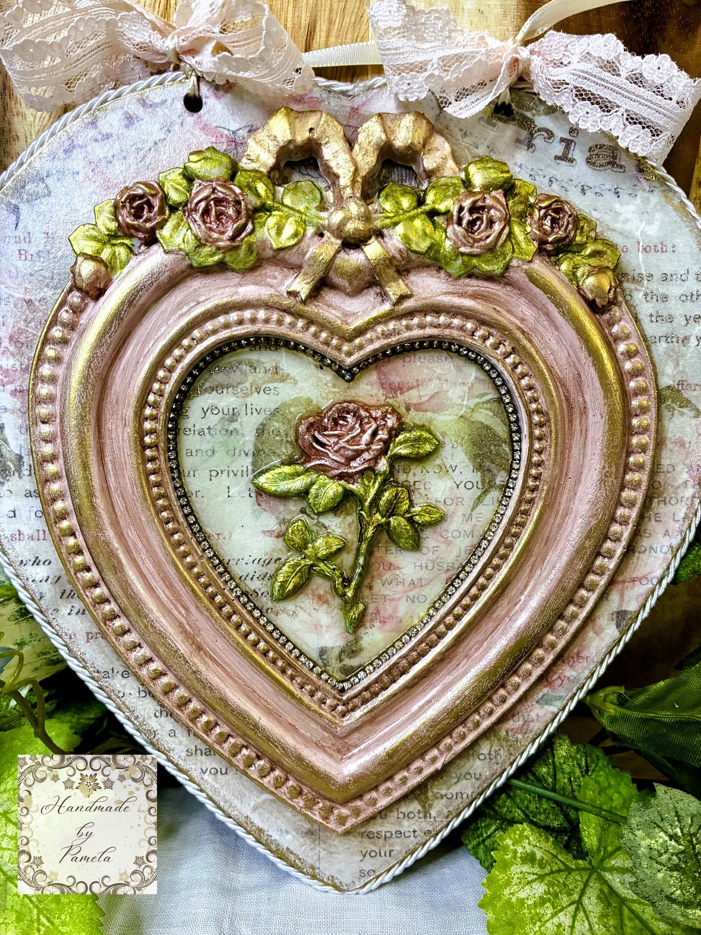 Handcrafted Hanging Heart Plaque, Shabby Chic, Pink Roses, Decoupage, Mixed Media, Wall Art, Home Decor by Pamela