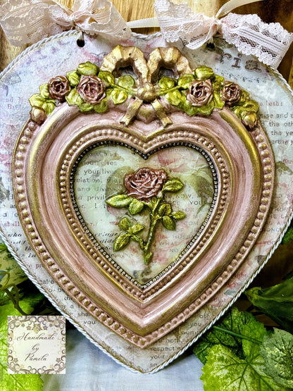 Handcrafted Hanging Heart Plaque, Shabby Chic, Pink Roses, Decoupage, Mixed Media, Wall Art, Home Decor by Pamela