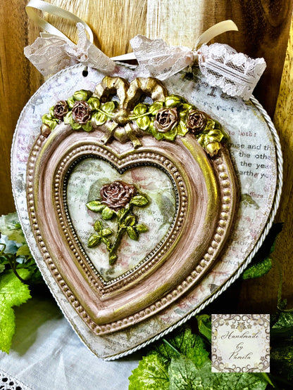 Handcrafted Hanging Heart Plaque, Shabby Chic, Pink Roses, Decoupage, Mixed Media, Wall Art, Home Decor by Pamela