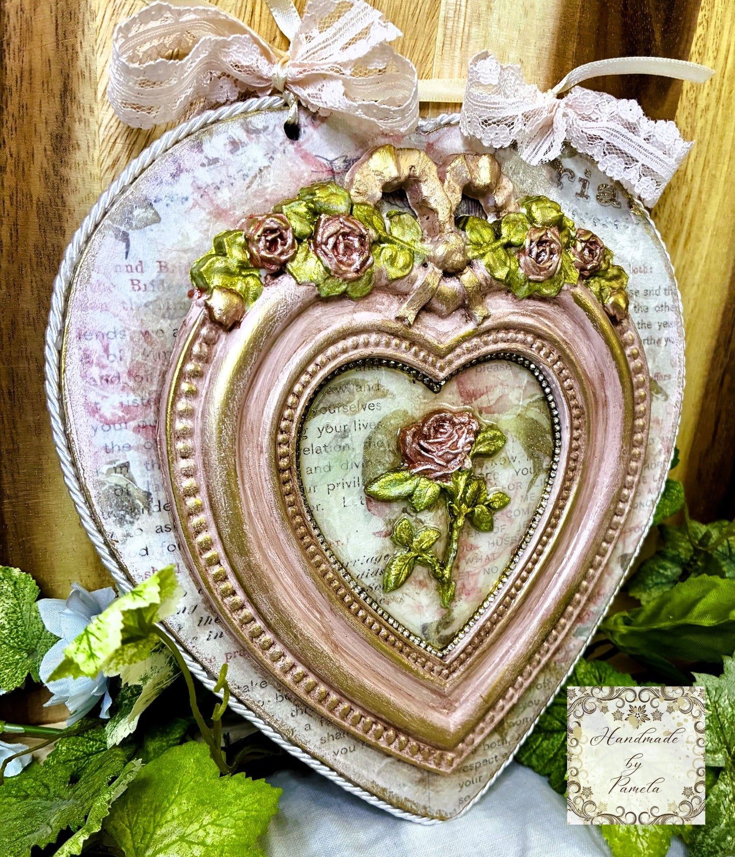 Handcrafted Hanging Heart Plaque, Shabby Chic, Pink Roses, Decoupage, Mixed Media, Wall Art, Home Decor by Pamela