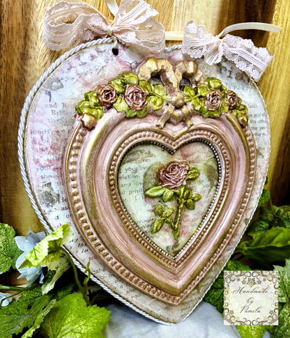 Handcrafted Hanging Heart Plaque, Shabby Chic, Pink Roses, Decoupage, Mixed Media, Wall Art, Home Decor by Pamela