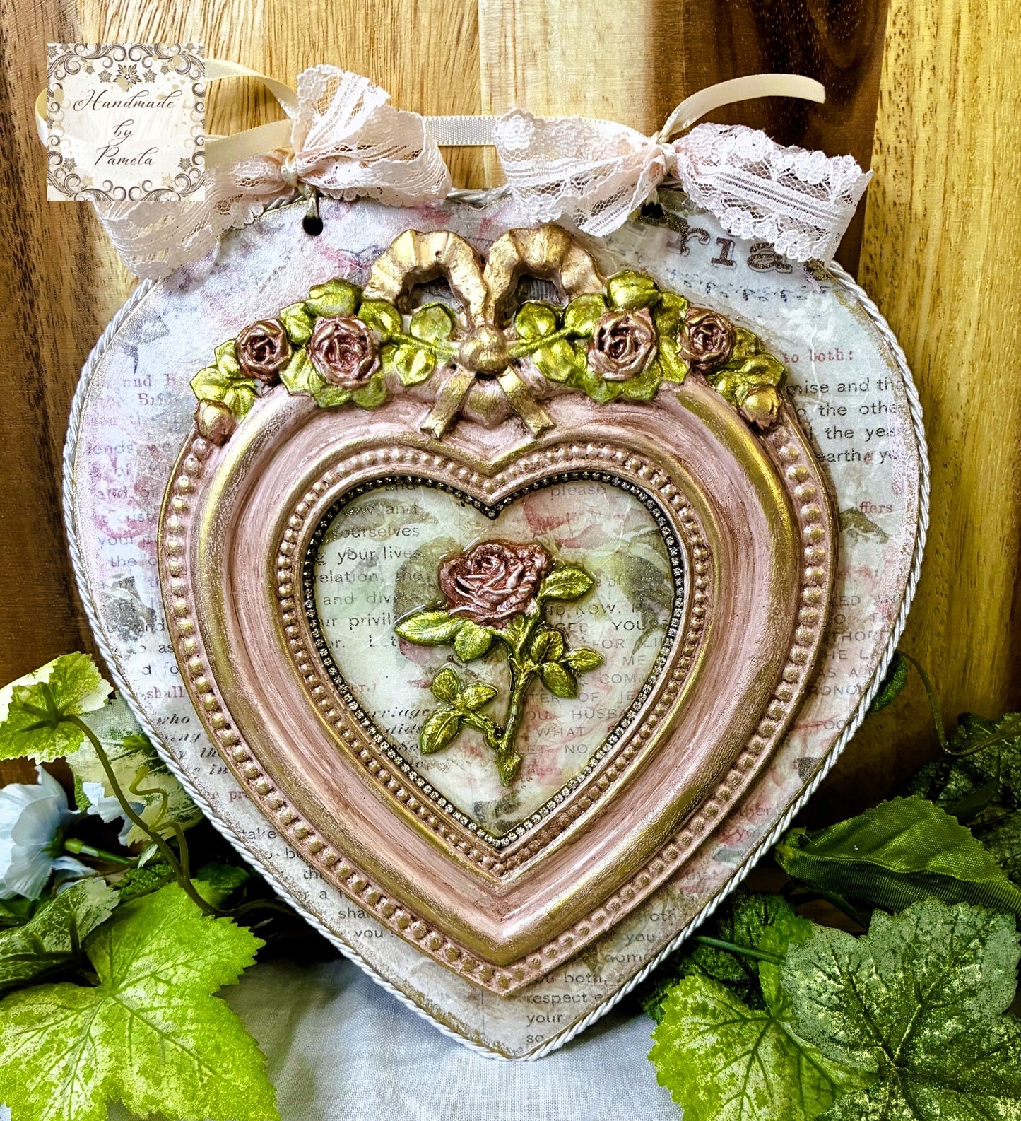 Handcrafted Hanging Heart Plaque, Shabby Chic, Pink Roses, Decoupage, Mixed Media, Wall Art, Home Decor by Pamela