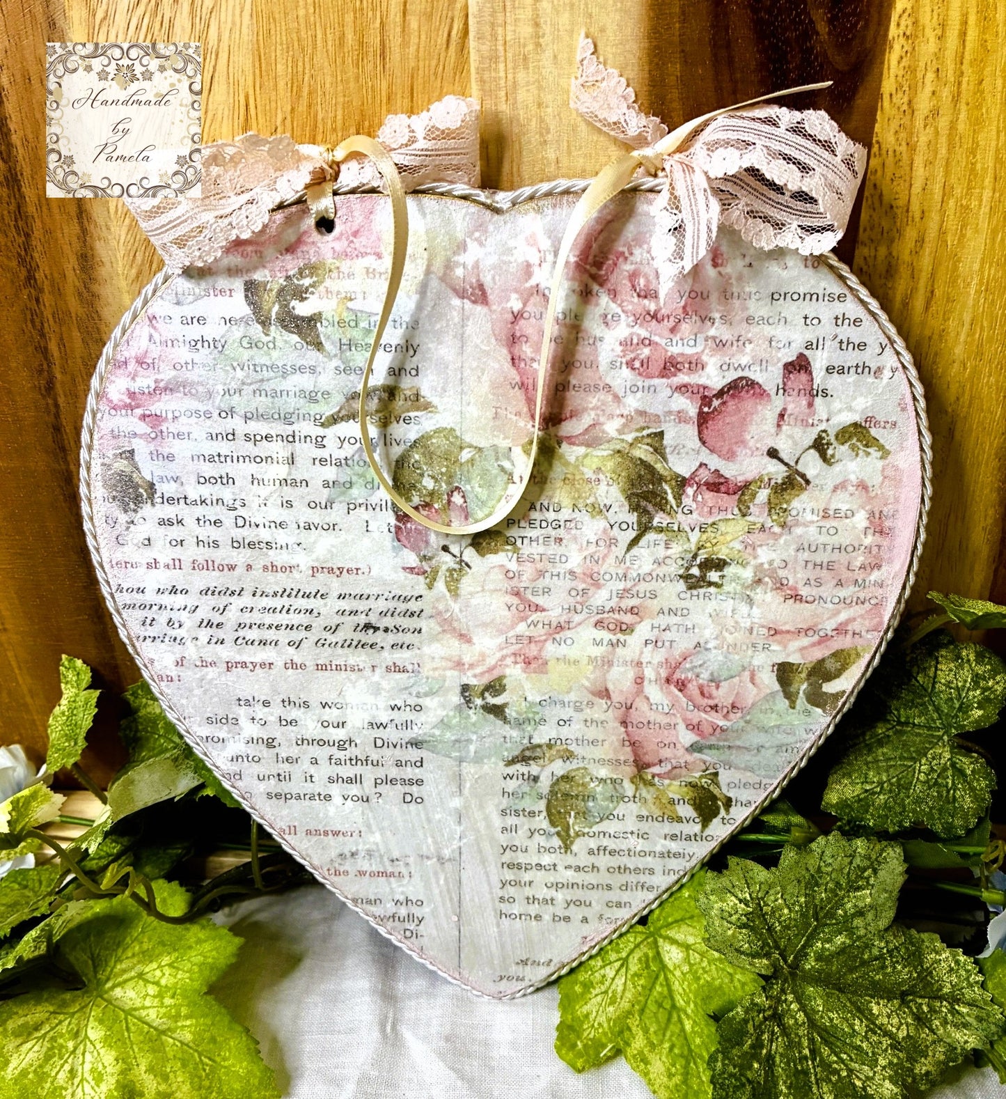 Handcrafted Hanging Heart Plaque, Shabby Chic, Pink Roses, Decoupage, Mixed Media, Wall Art, Home Decor by Pamela